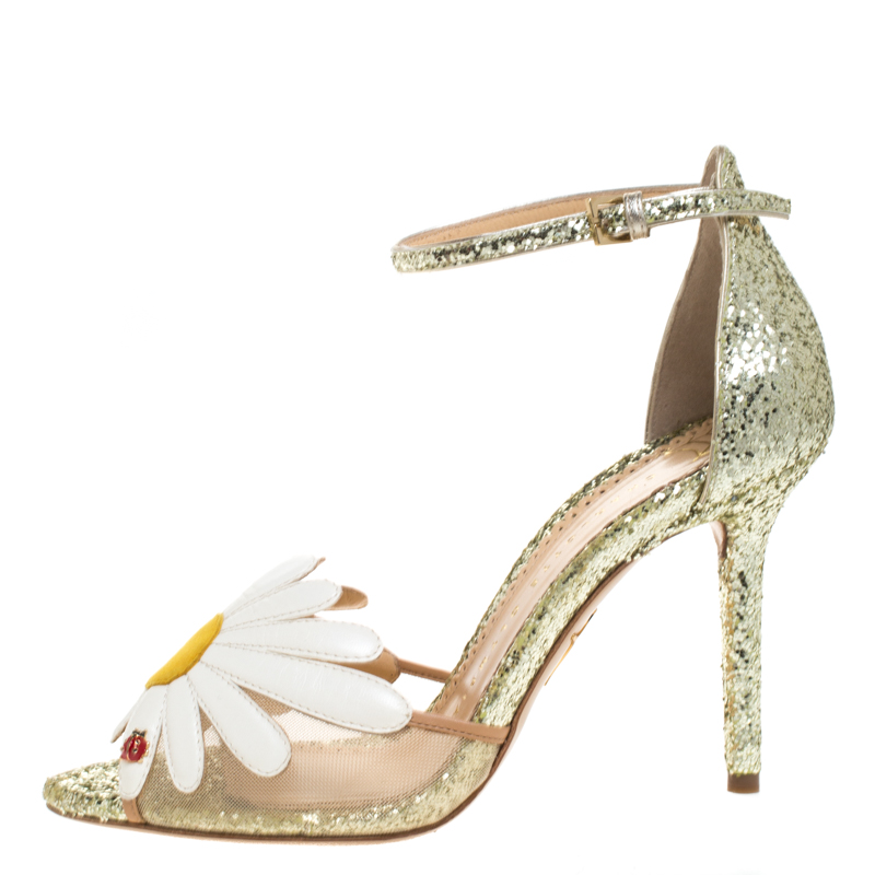 

Charlotte Olympia Gold/White Glitter and Leather Margherita Ankle Strap Sandals Size