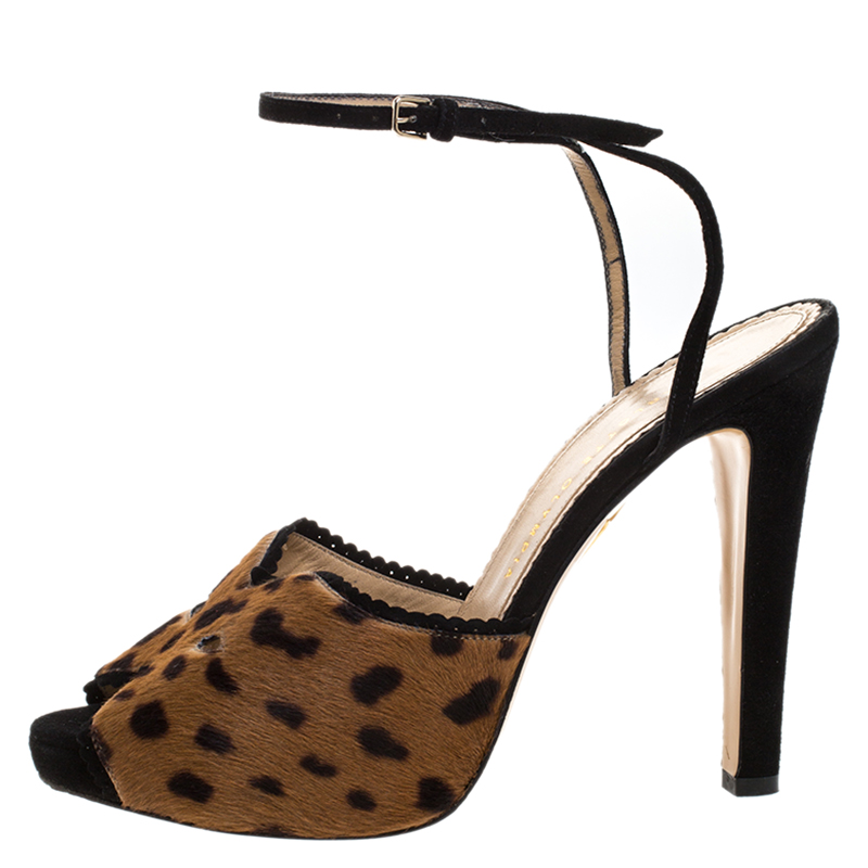 Pre-owned Charlotte Olympia Brown Leopard Print Calf Hair Platform Ankle Strap Sandals Size 41