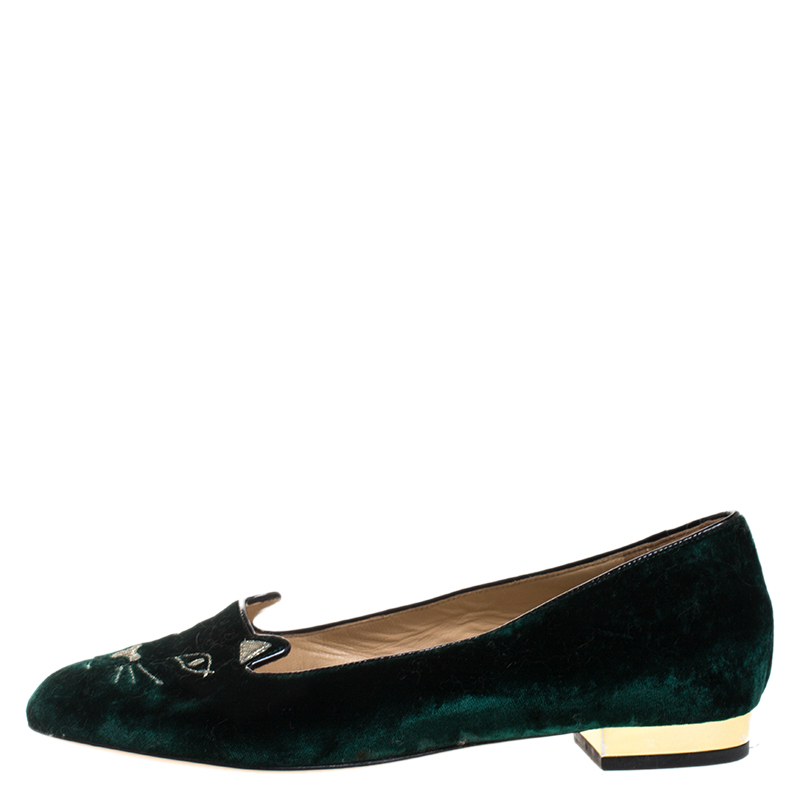 

Charlotte Olympia Dark Green Velvet Kitty Embroidered Satin Flats Size