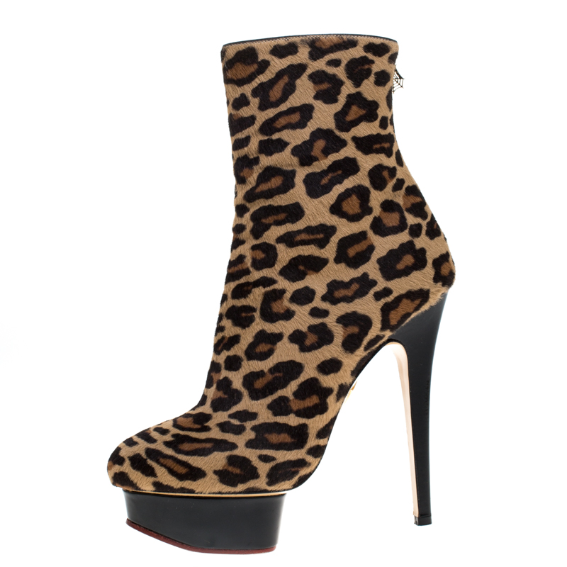 

Charlotte Olympia Beige/Black Leopard Print Calfhair Lucinda Platform Ankle Boots Size