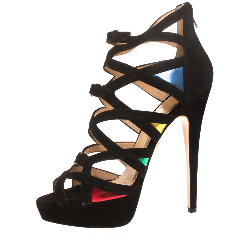 

Charlotte Olympia Black Suede Elvira Strappy Platform Sandals Size