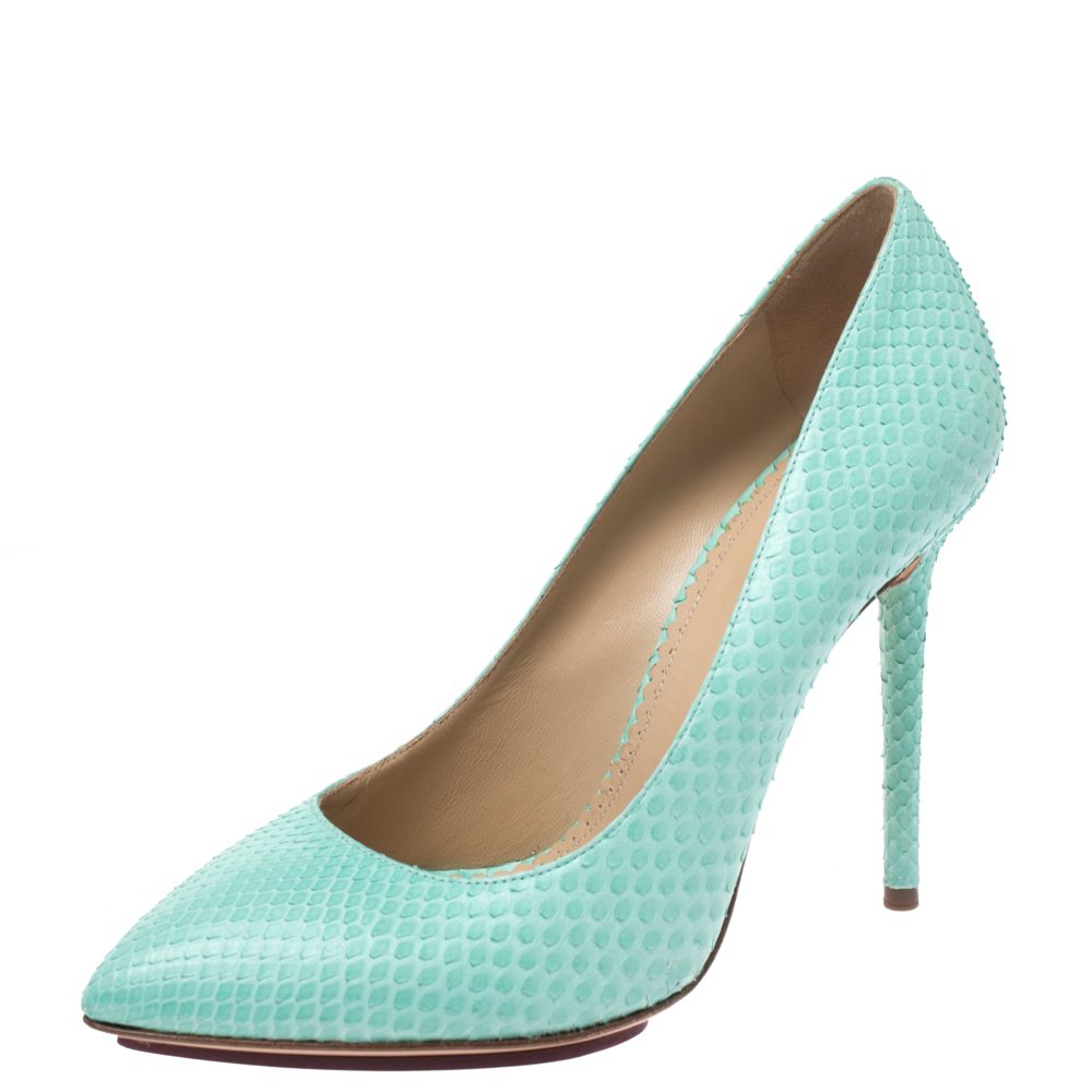 Charlotte Olympia Aqua Blue Python Monroe Pointed Toe Pumps Size 38