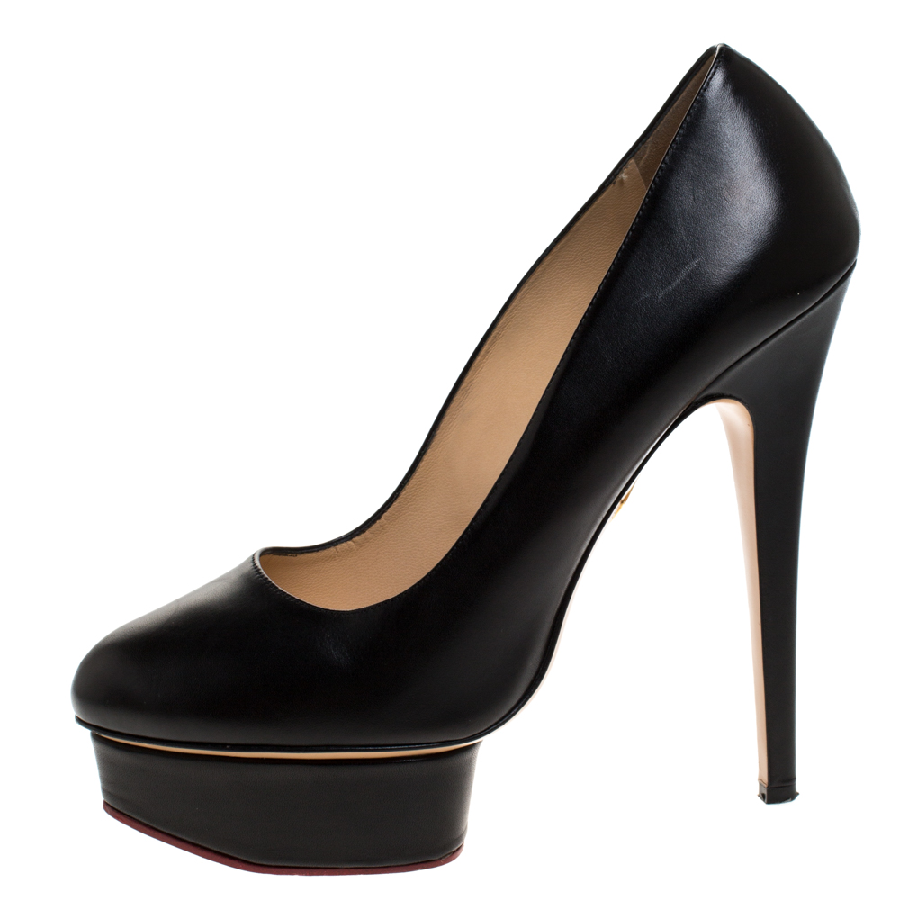 

Charlotte Olympia Black Leather Dolly Platform Pumps Size