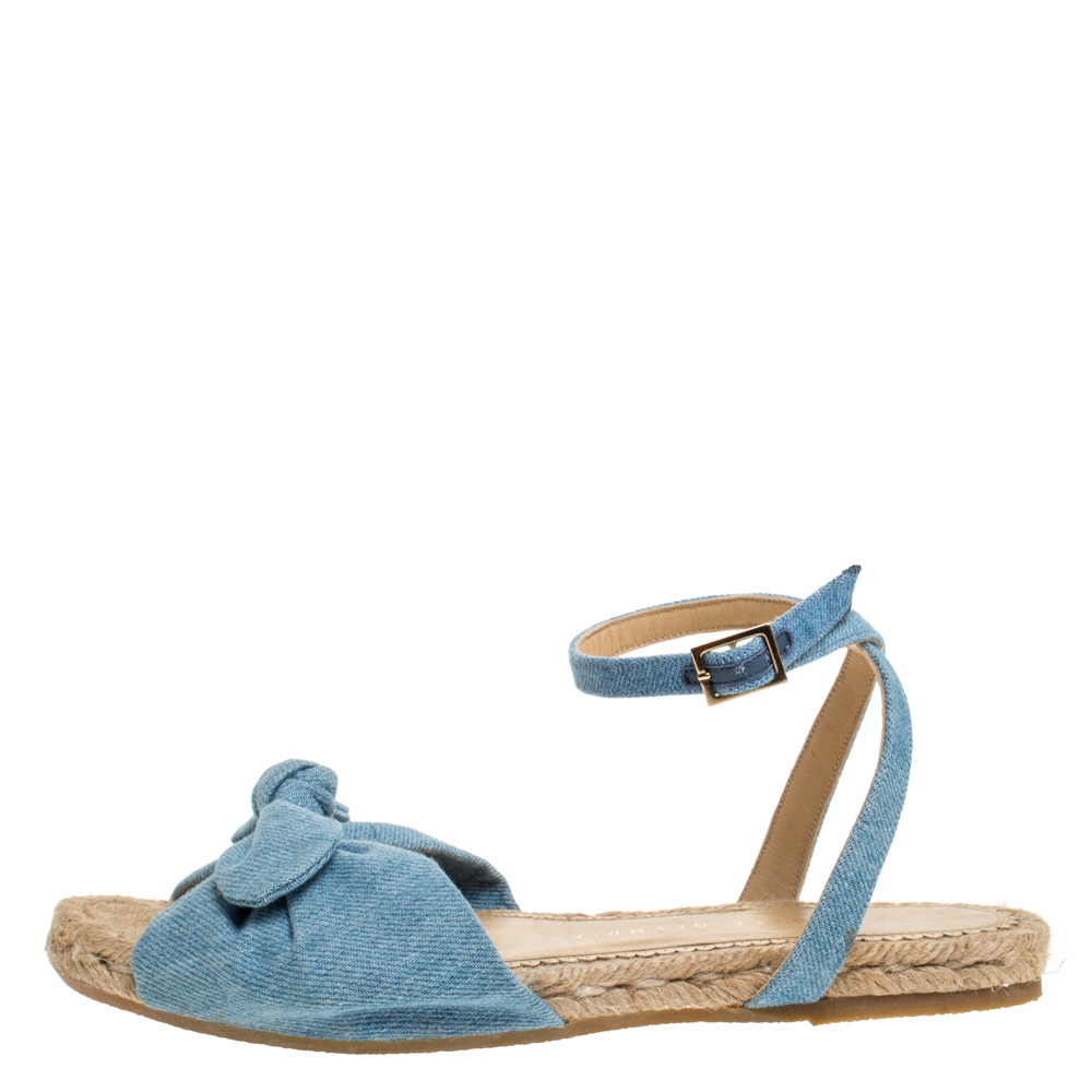 

Charlotte Olympia Blue Denim Fabric Marina Knot Ankle Strap Flat Sandals Size