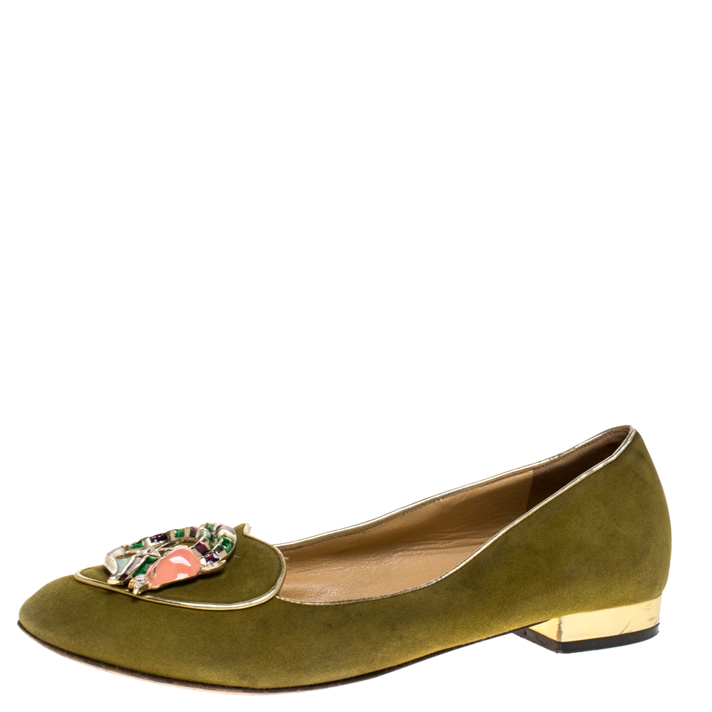 Pre-owned Charlotte Olympia Green Suede Capricorn Smoking Slippers Size 37.5