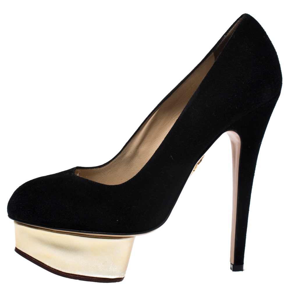 

Charlotte Olympia Black Suede Dolly Platform Pumps Size