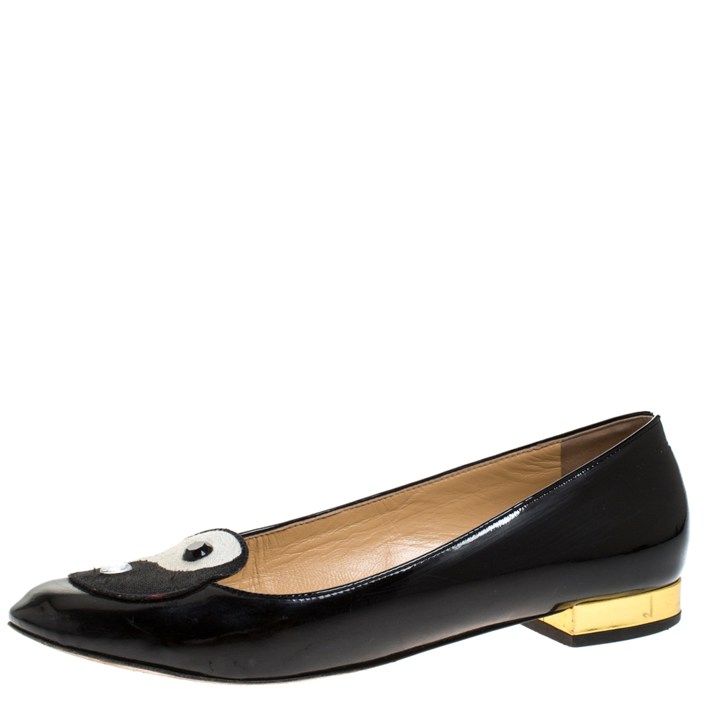 Pre-owned Charlotte Olympia Black Patent Leather Yin Yang Ballet Flats Size 39.5