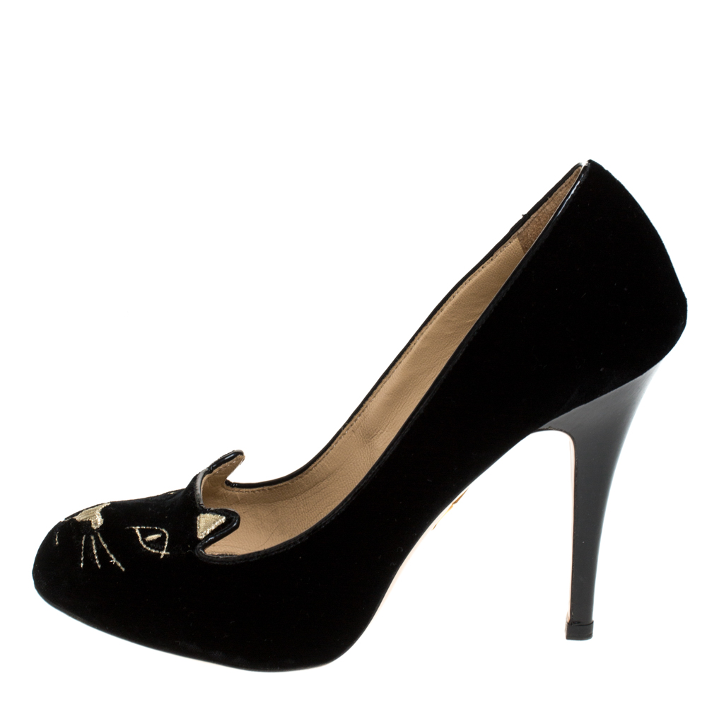 

Charlotte Olympia Black Embroidered Velvet Kitty Pumps Size