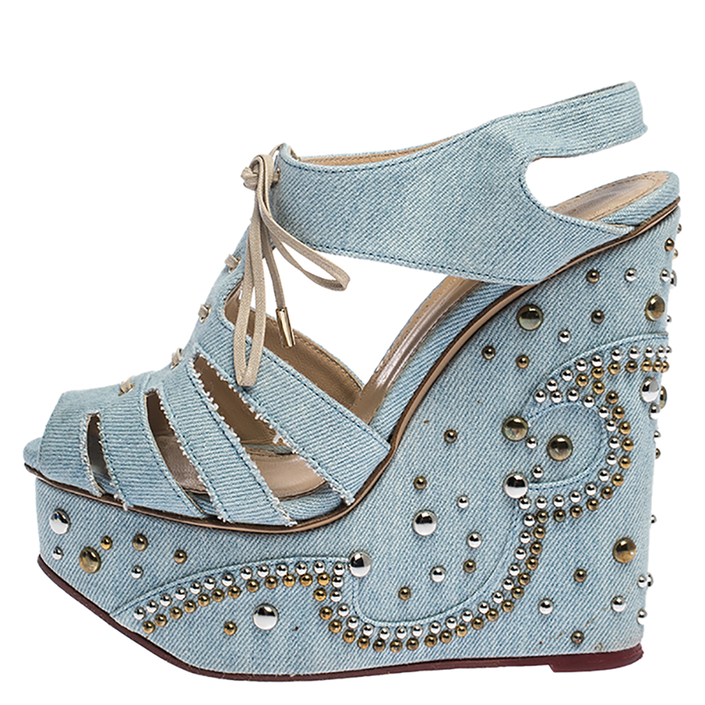 

Charlotte Olympia Blue Denim Studded Cut Out Wedge Platform Sandals Size