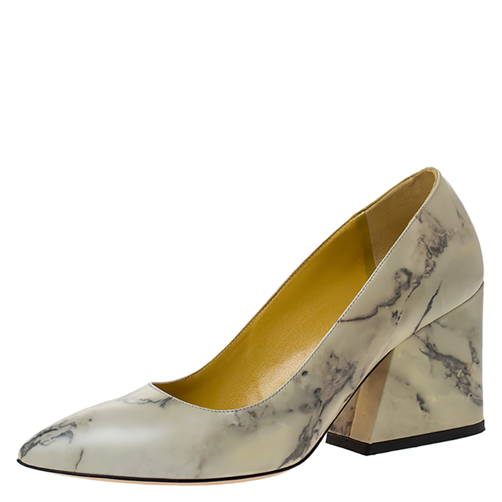 Charlotte Olympia Cream Marble Print Leather Mabel Pumps Size 38
