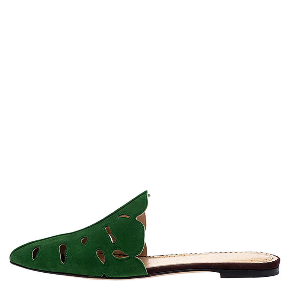 

Charlotte Olympia Green Suede Verdant Flat Mules Size