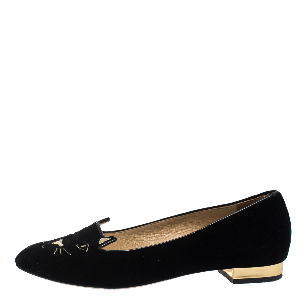 

Charlotte Olympia Black Satin Kitty Ballet Flats Size