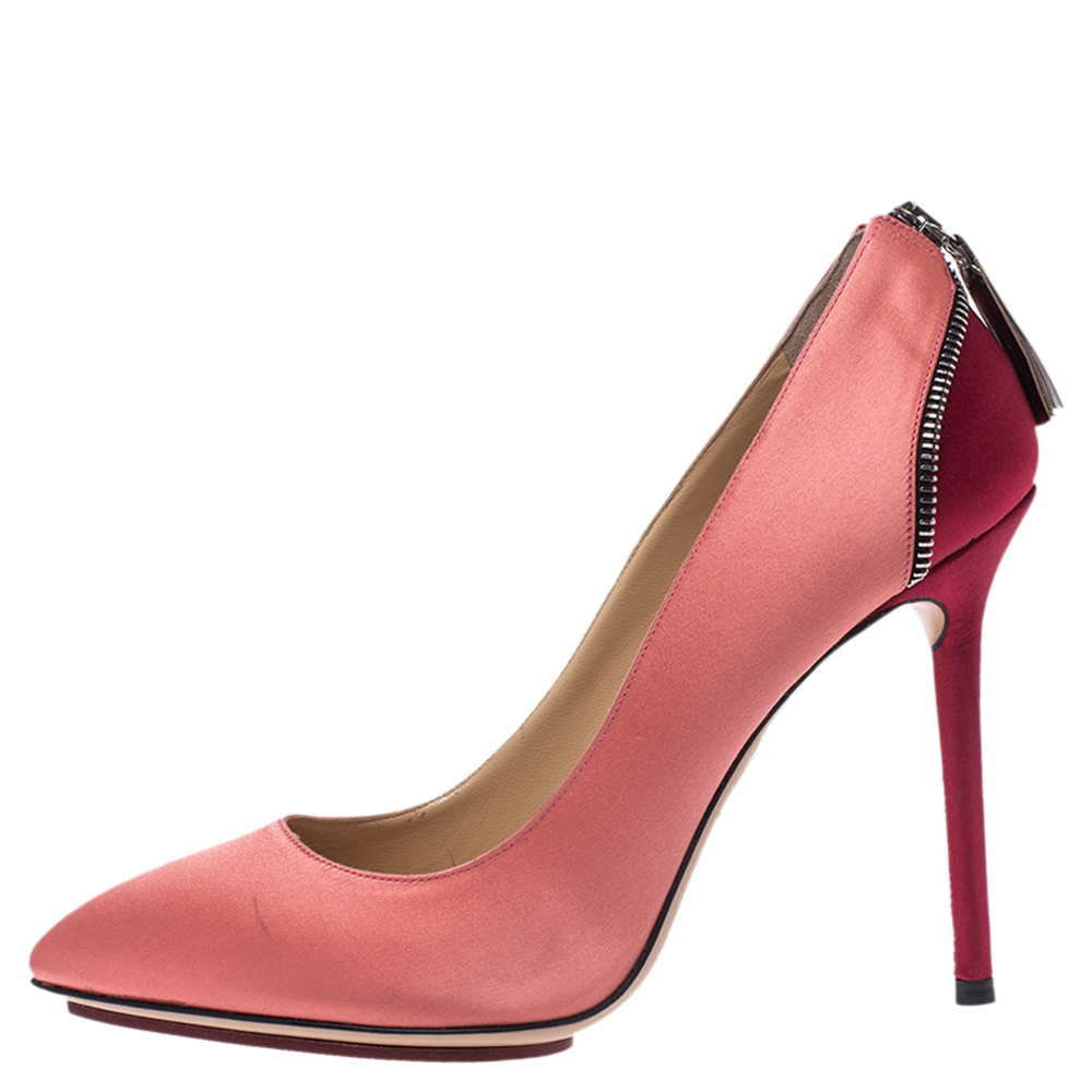 

Charlotte Olympia Coral Pink/Red Satin Monroe Pointed Toe Pumps Size