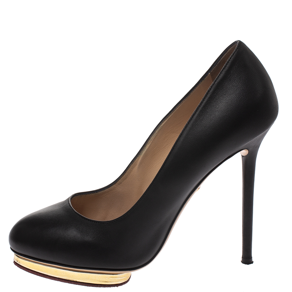 

Charlotte Olympia Black Leather Dolly Platform Pumps Size