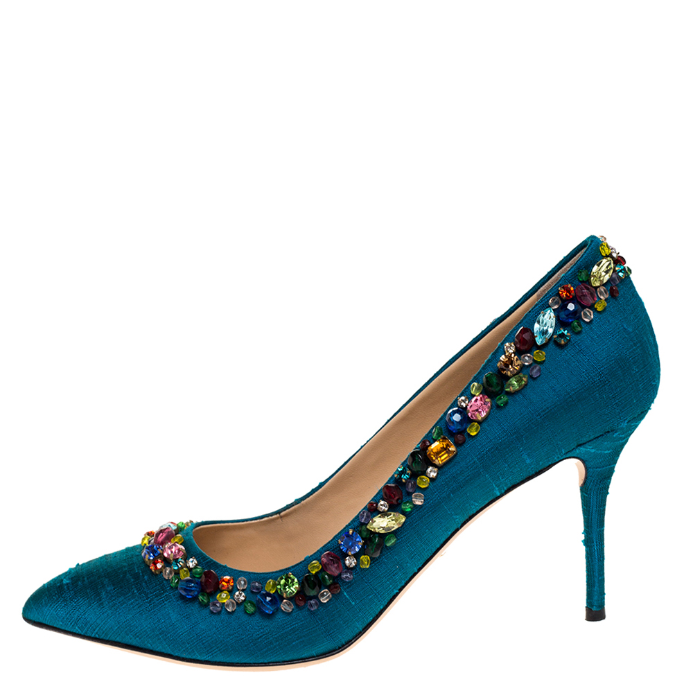 

Charlotte Olympia Teal Silk Crystal Embellished Semiprecious Pumps Size, Blue