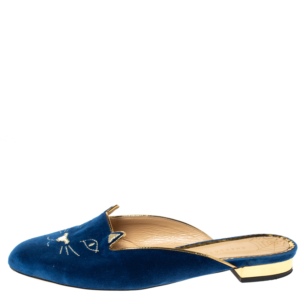 

Charlotte Olympia Blue Velvet Kitty Slip On Flats Size
