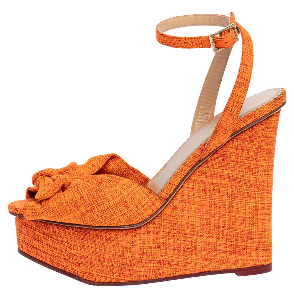 

Charlotte Olympia Neon Orange Canvas Bow Ankle Wrap Wedge Sandals Size