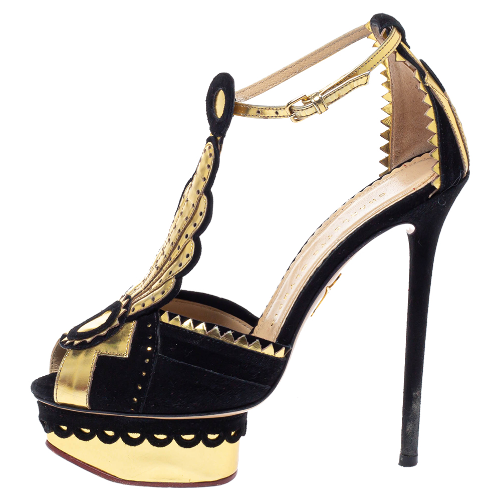 

Charlotte Olympia Metallic Gold/Black Leather and Suede Sunset Ankle Strap Platform Sandals Size