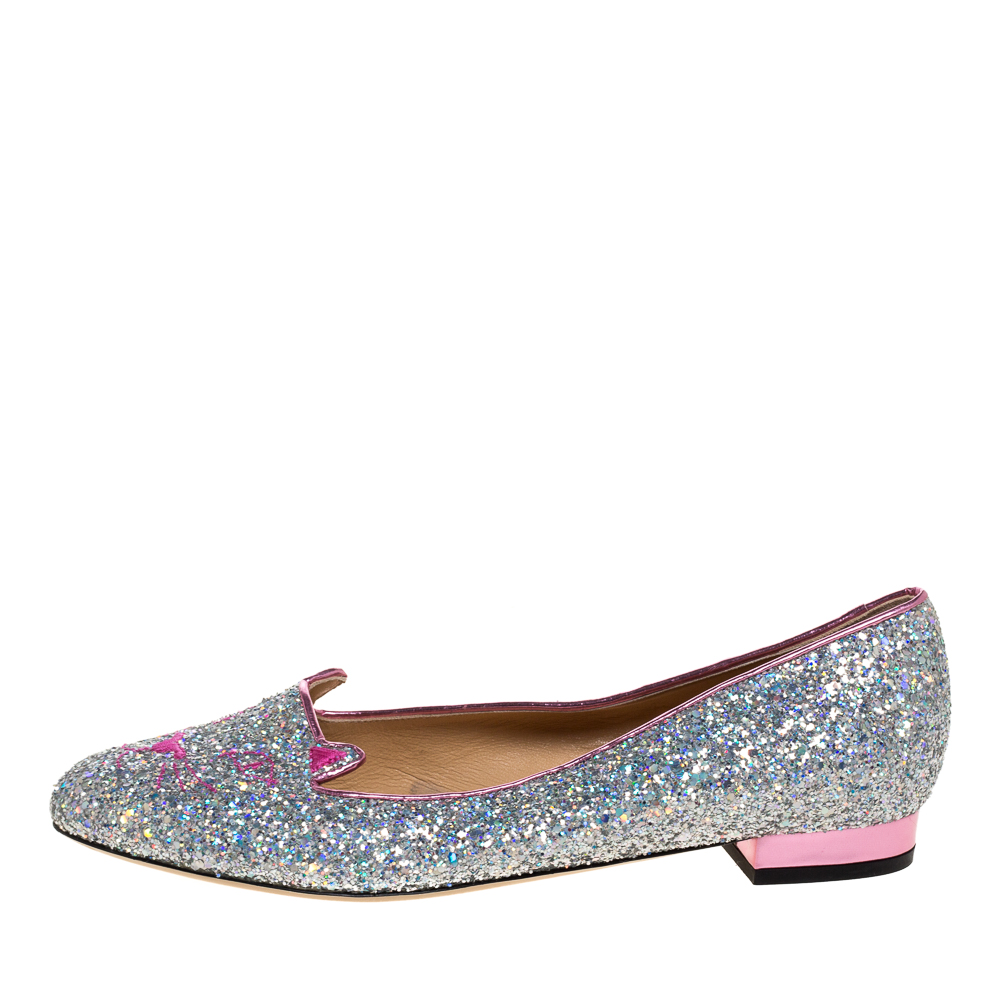 

Charlotte Olympia Silver Glitter Cat Ballet Flats Size