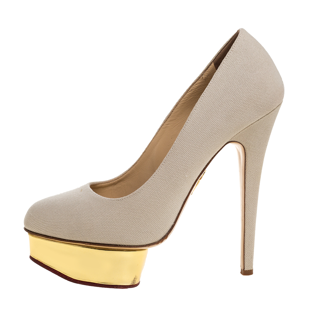 

Charlotte Olympia Beige Canvas Dolly Platform Pumps Size