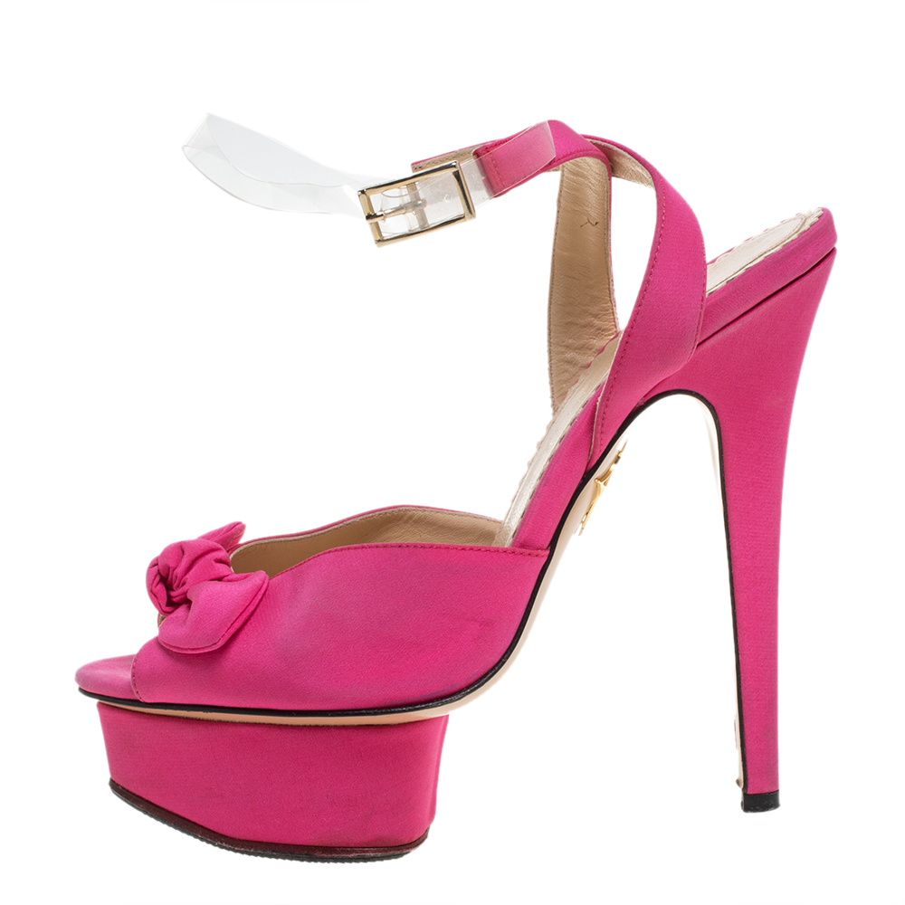 

Charlotte Olympia Pink Satin Serena Bow Ankle Strap Platform Sandals Size