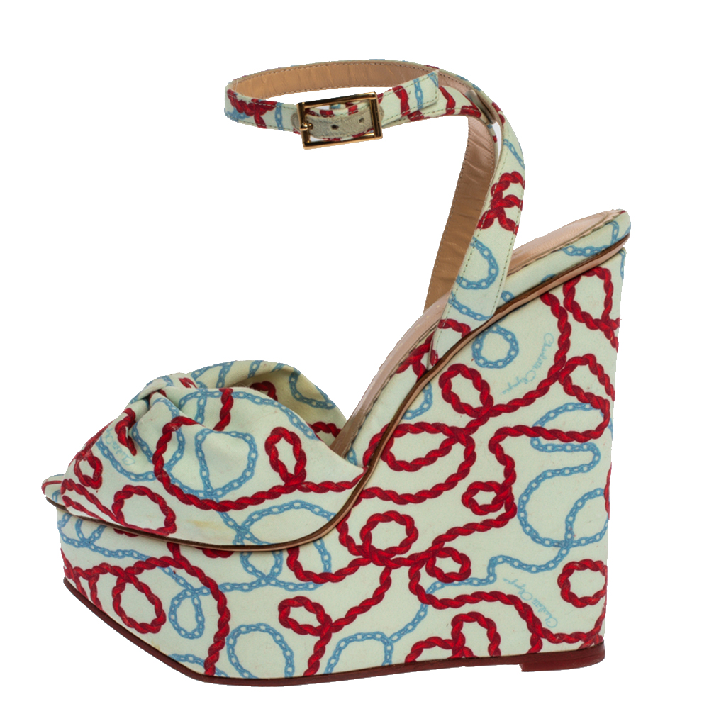 

Charlotte Olympia Tri-Color Fabric Bow Chain Pep Toe Sandals Size, Multicolor