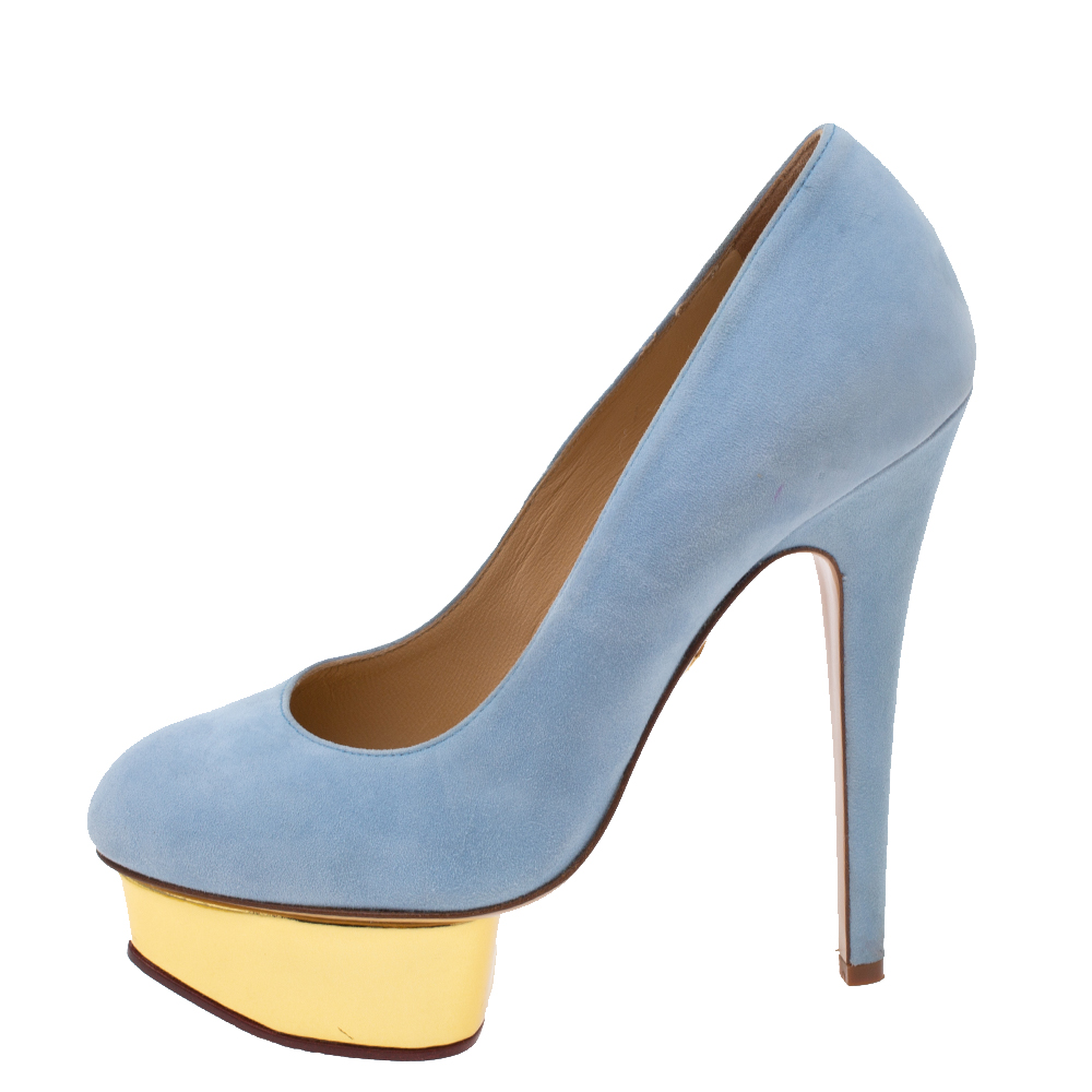 

Charlotte Olympia Light Blue Suede Dolly Platform Pumps Size