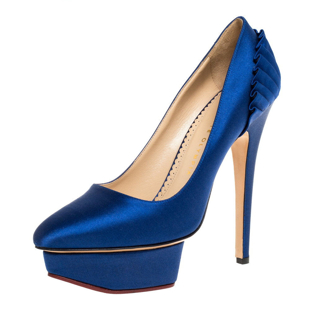 Get ready to soar high in these stunning Paloma pumps from Charlotte Olympia These beauties have been crafted from blue satin and styled with platforms pleated details on the counters and 14 cm heels. They are made comfortable with the leather lined insoles and will never fail to help you make an impressive style statement.