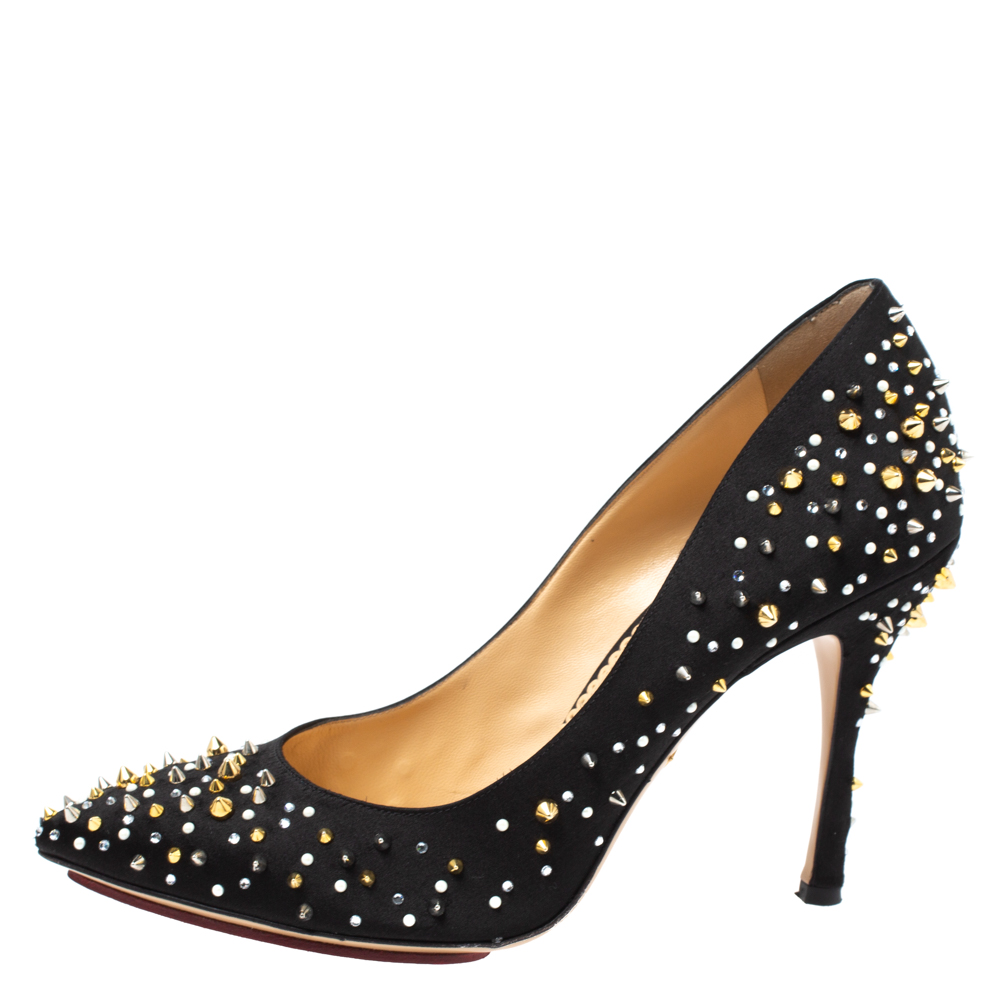 

Charlotte Olympia Black Satin Studded Pointed Toe Pumps Size