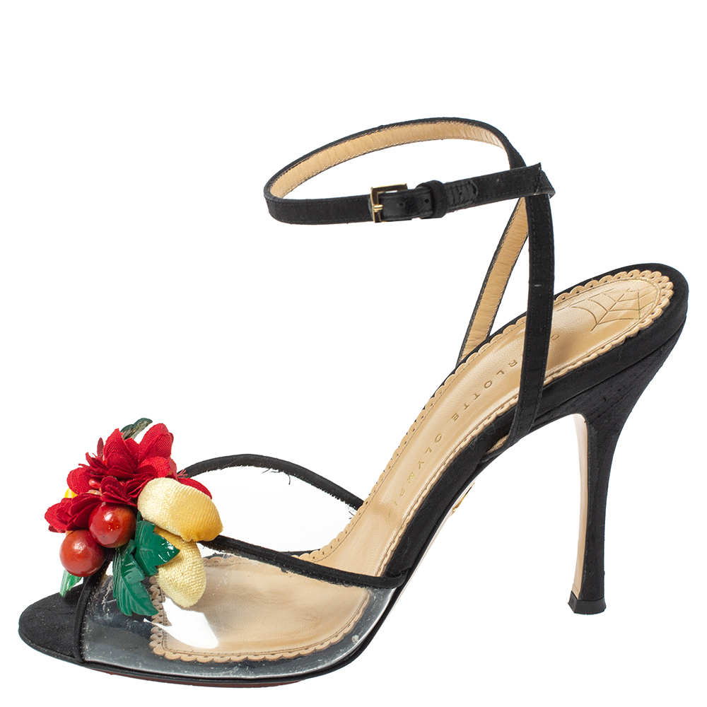 

Charlotte Olympia Black Canvas Trims And PVC Tropicana Ankle Strap Sandals Size