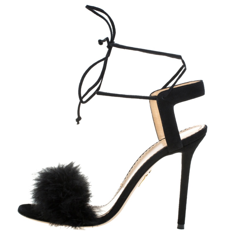 

Charlotte Olympia Black Suede And Feather Embellished Salsa Sandals Size