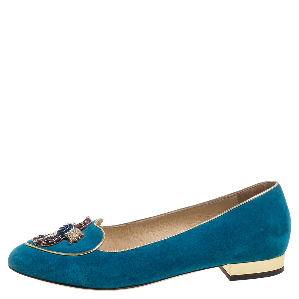 

Charlotte Olympia Blue Suede Scorpio Smoking Slippers Size