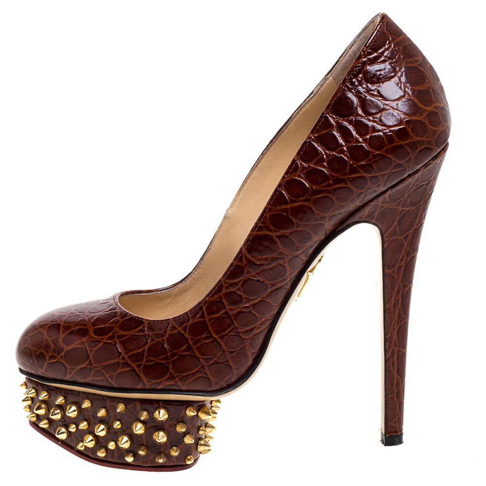 

Charlotte Olympia Brown Leather Chestnut Dolly Studded Platform Pumps Size