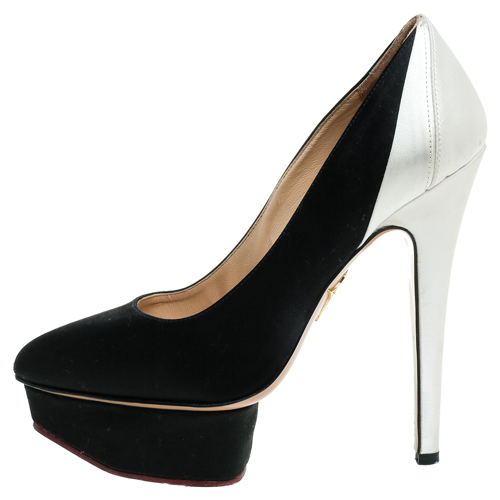 

Charlotte Olympia Black/White Satin Platform Pumps Size