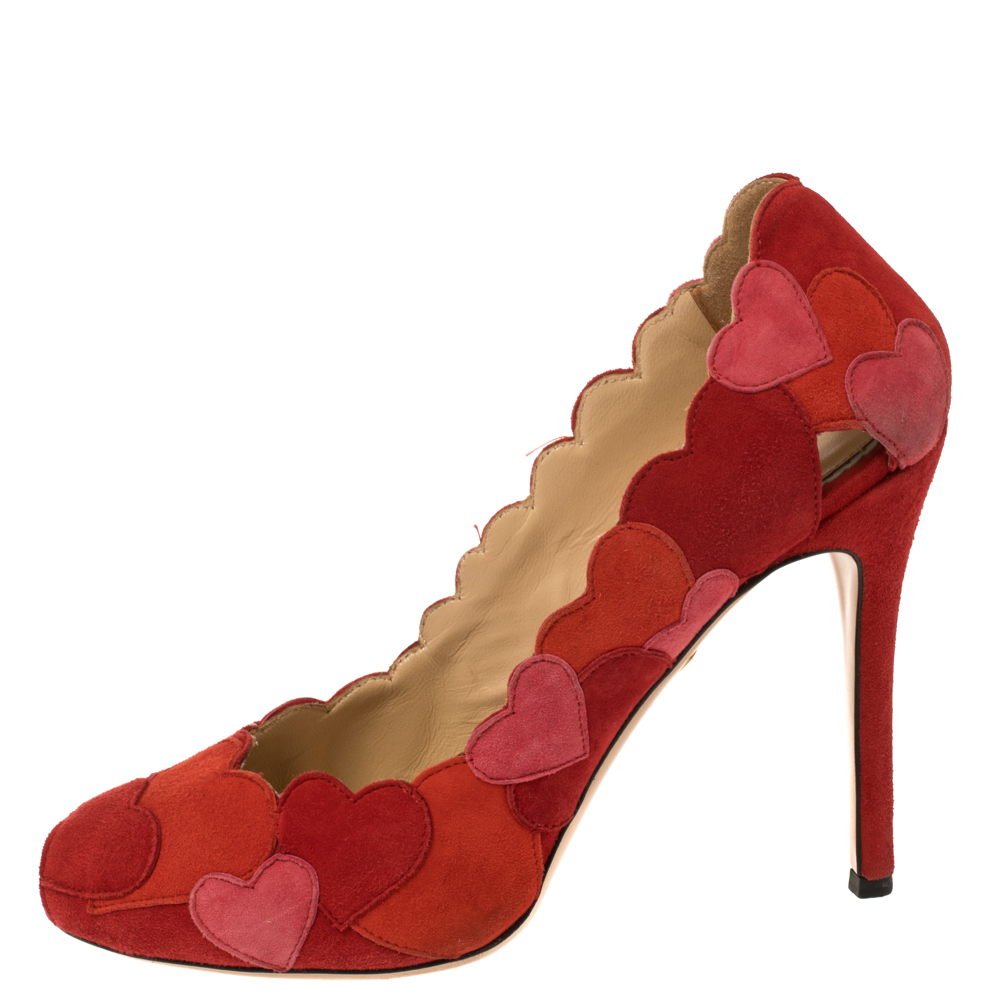 

Charlotte Olympia Red/Pink Suede Love Me Heart-Appliquéd Pumps Size