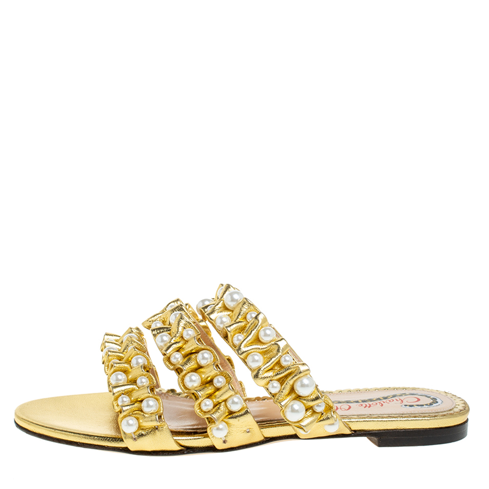 

Charlotte Olympia Gold Leather Celina Pearl Embellished Slide Sandals Size
