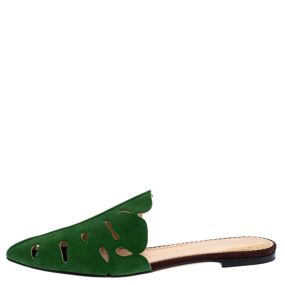 

Charlotte Olympia Green Suede Leather Verdant Pointed Toe Flat Mules Size