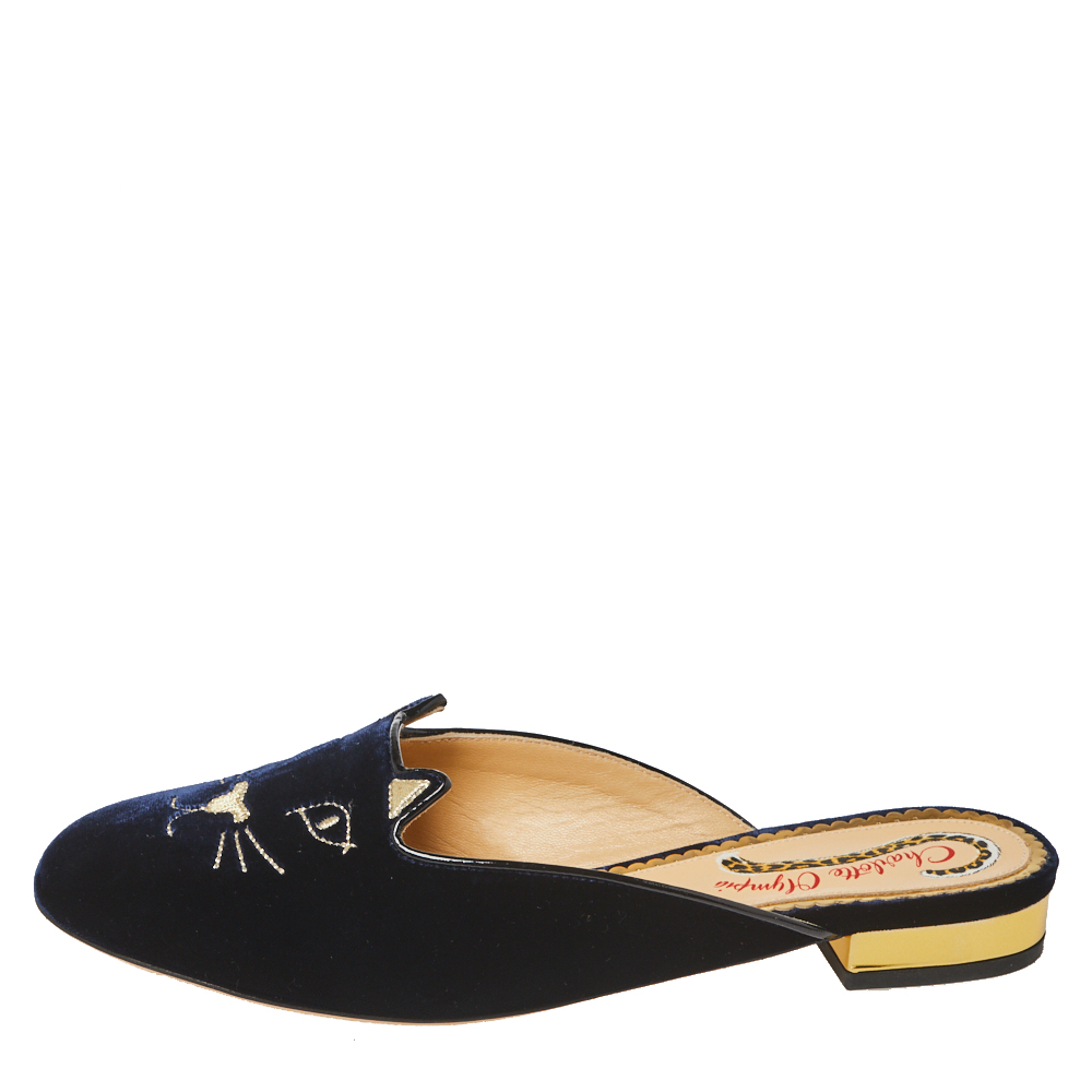 

Charlotte Olympia Blue Velvet Kitty Slip On Flat Mules Size