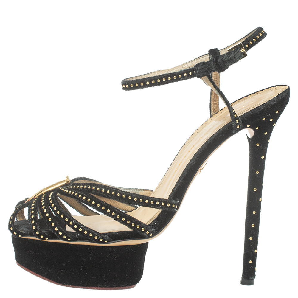 

Charlotte Olympia Black Velvet Studed Ankle Strap Platform Sandals Size