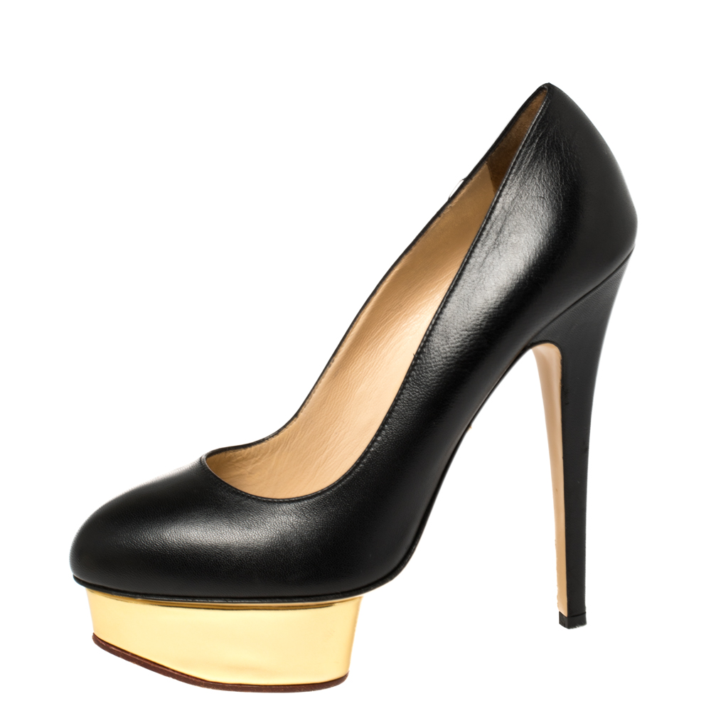 

Charlotte Olympia Black Leather Dolly Platform Pumps Size