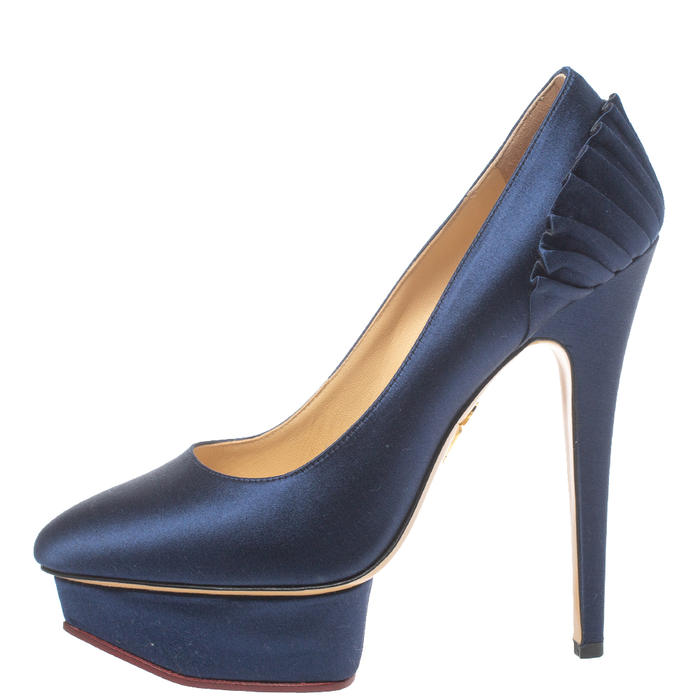 

Charlotte Olympia Blue Satin Masako Platform Pumps Size