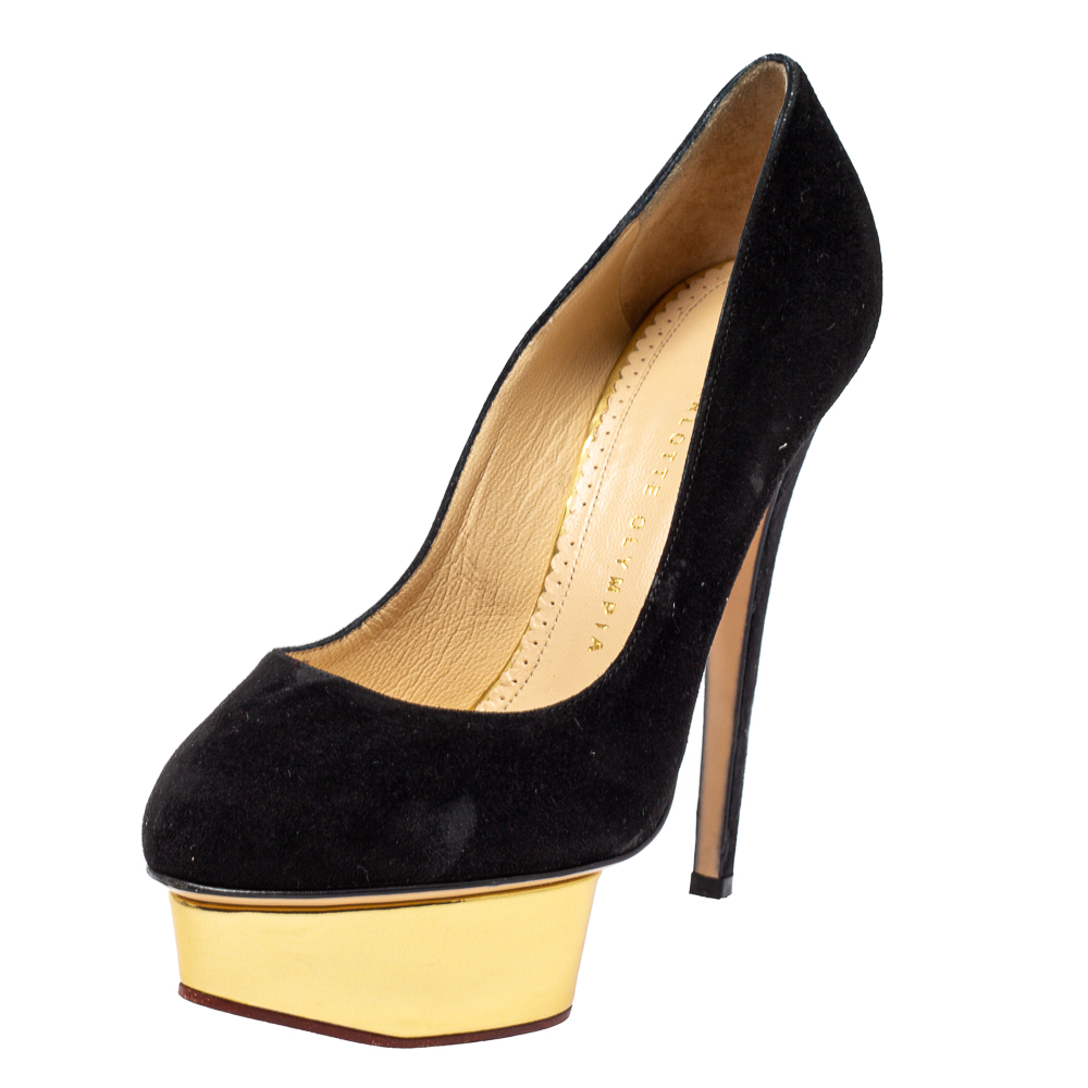 

Charlotte Olympia Black Suede Dolly Platform Pumps Size