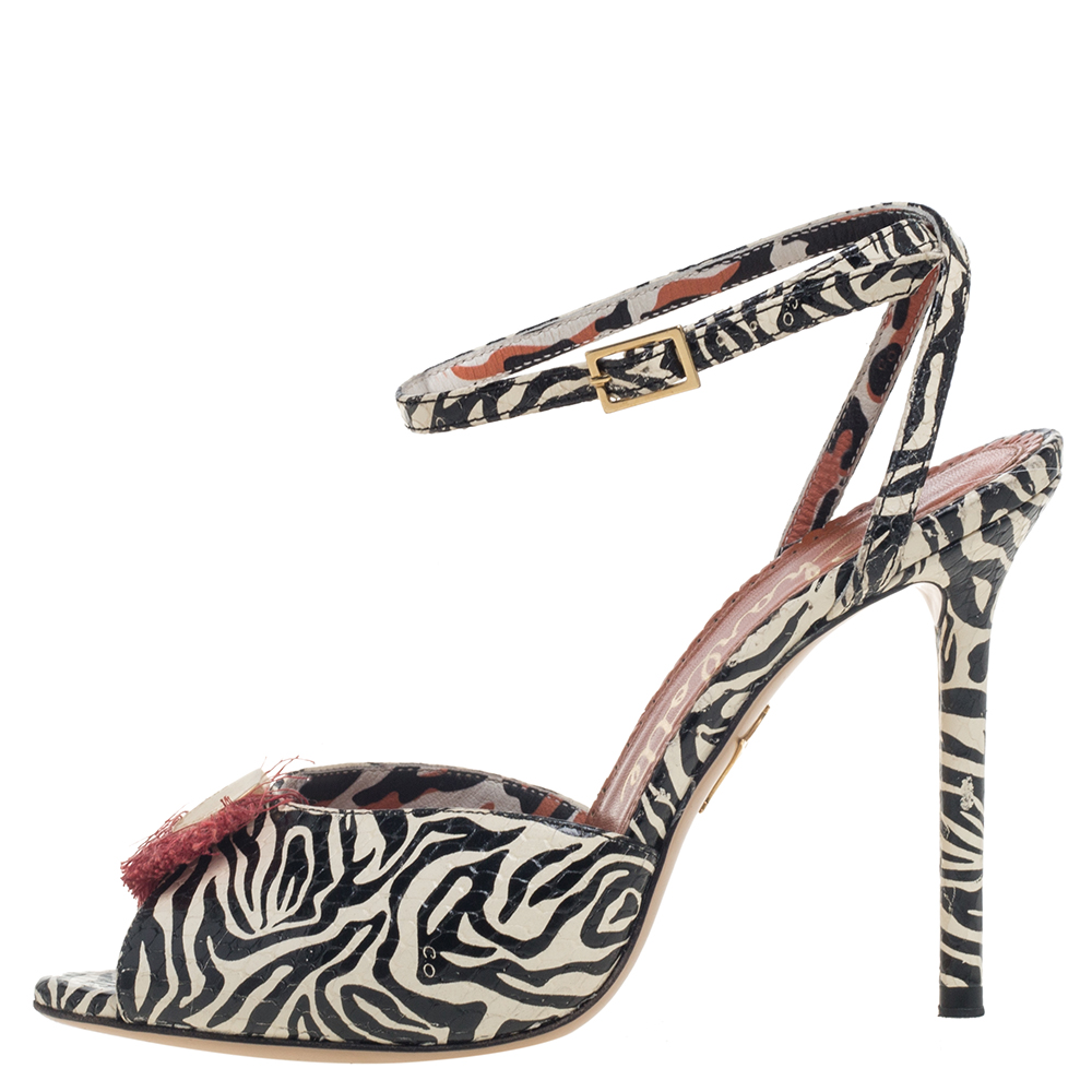 

Charlotte Olympia Black/White Zebra Print Leather Ankle Strap Peep Toe Sandals Size