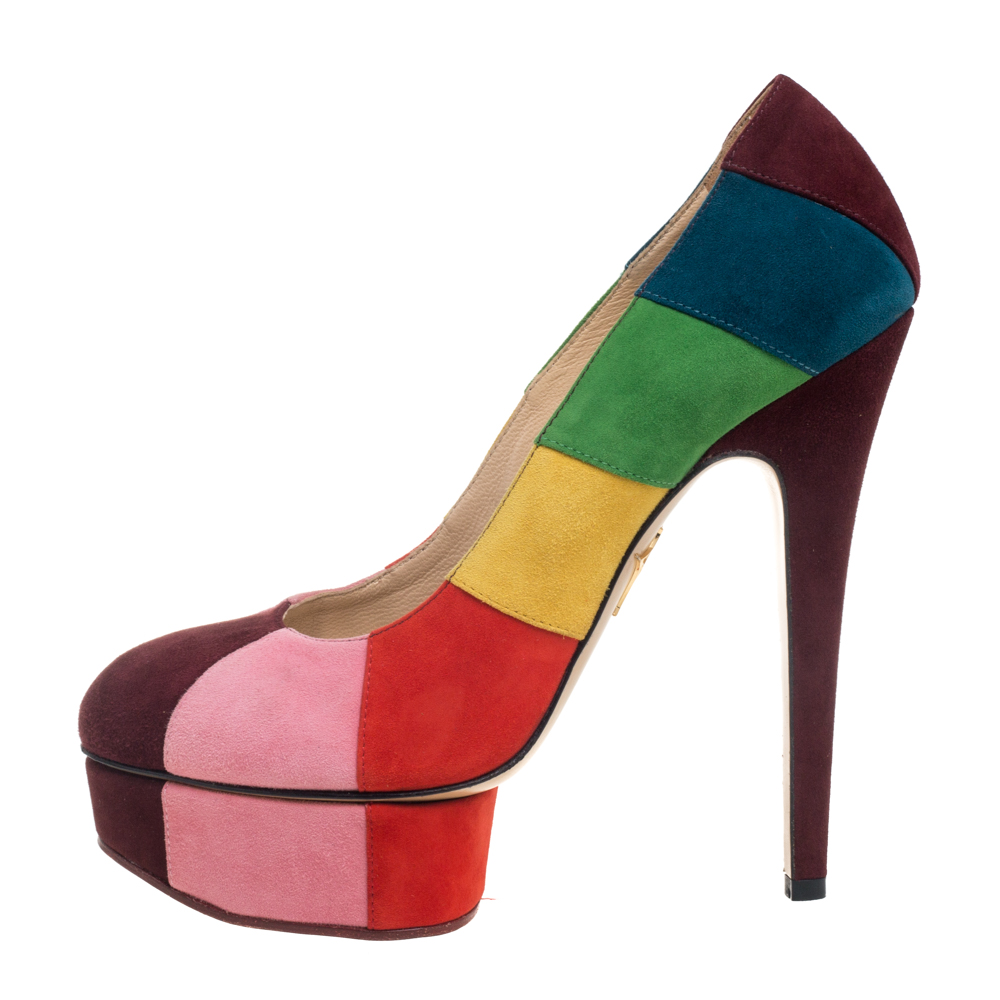 

Charlotte Olympia Multicolor Striped Suede Priscilla Platform Pumps Size