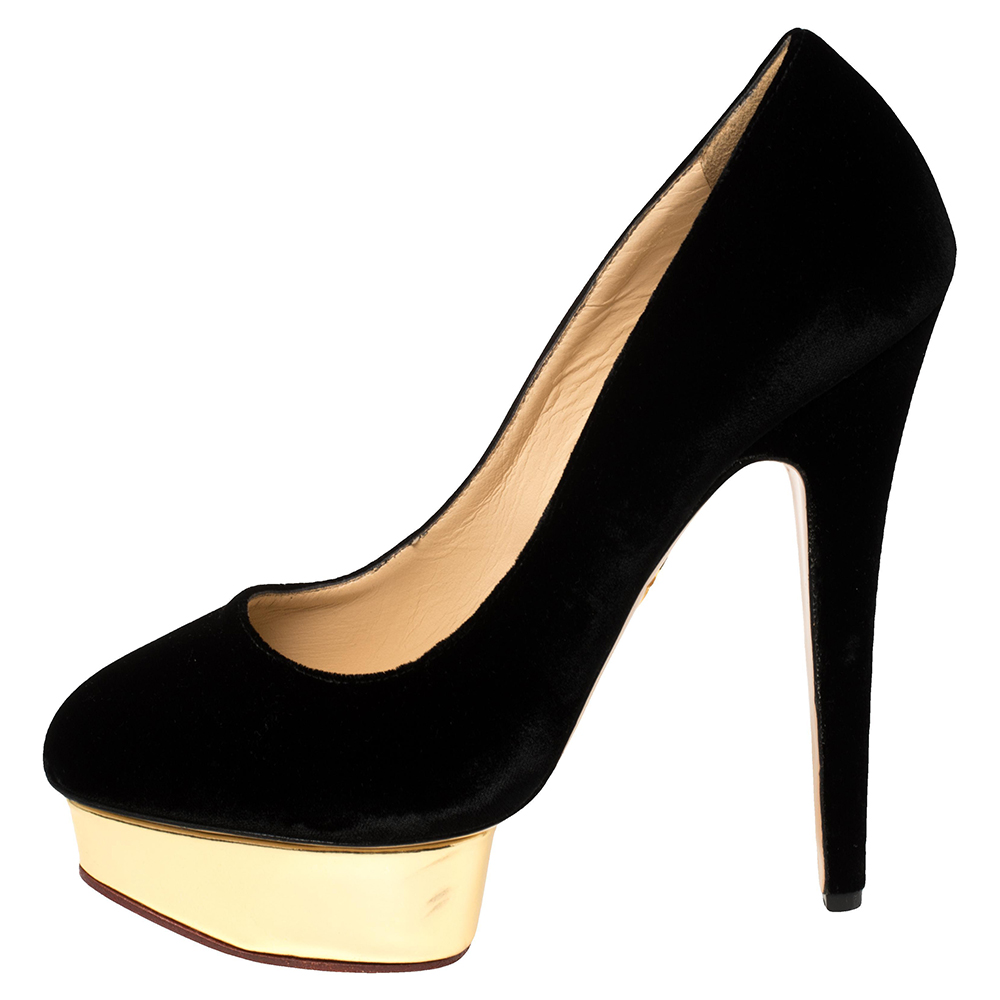 

Charlotte Olympia Black Velvet Dolly Platform Pumps Size