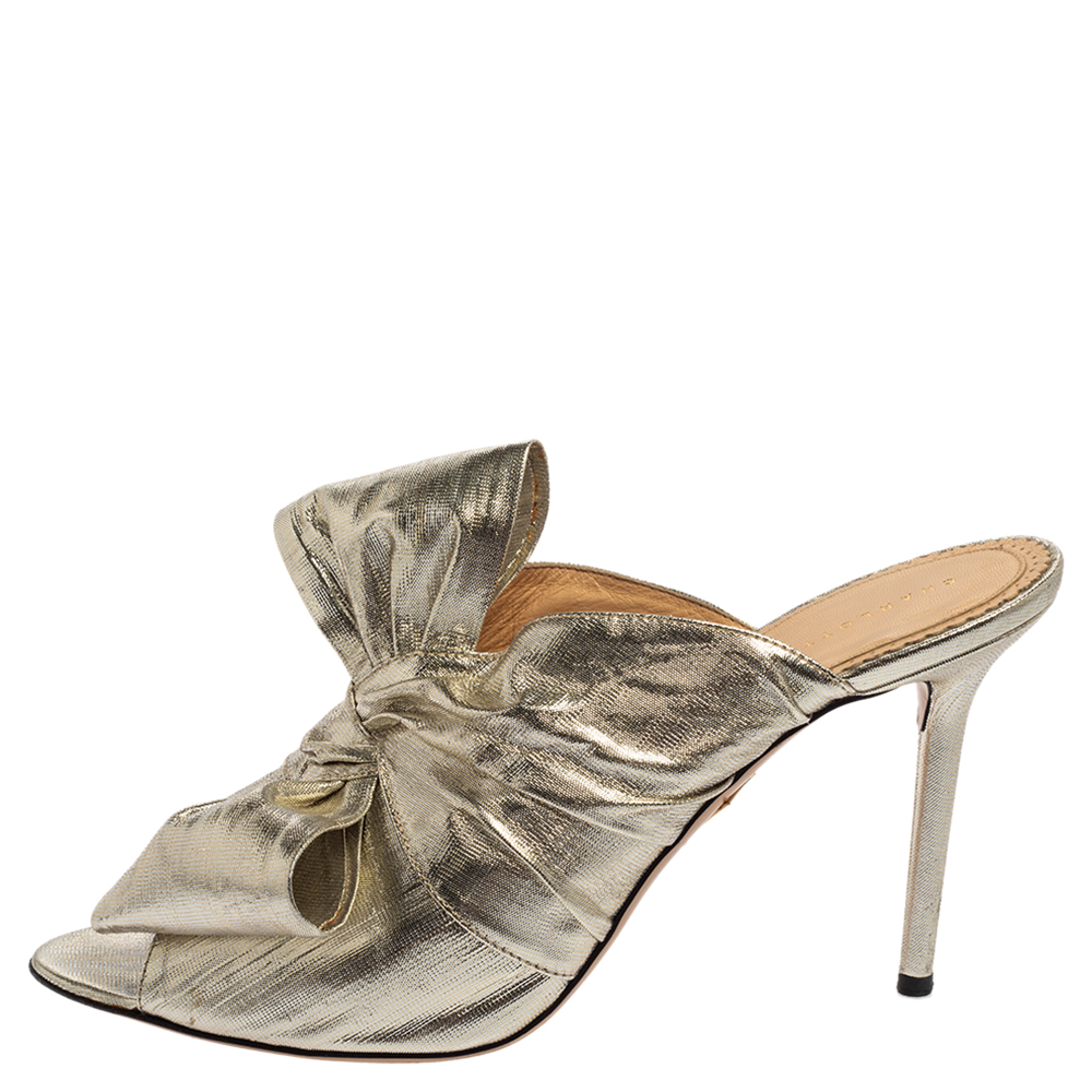 

Charlotte Olympia Gold Lurex Bow Slip On Sandals Size