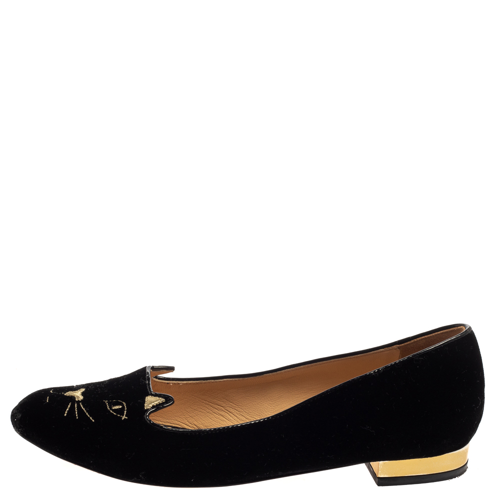 

Charlotte Olympia Black Velvet Kitty Slip On Flats Size