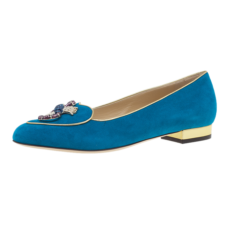 Pre Owned Charlotte Olympia Blue Suede Scorpio Smoking Slippers Size 38