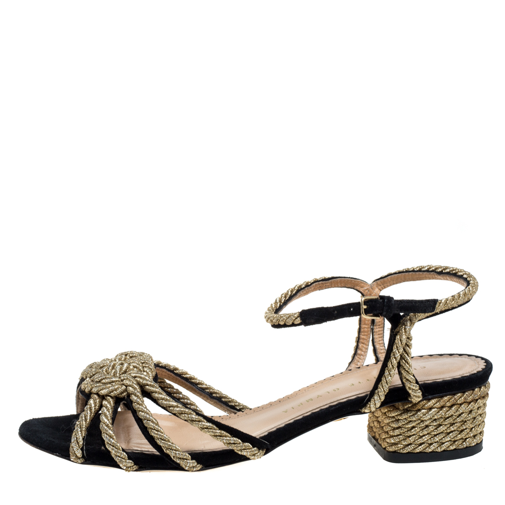 

Charlotte Olympia Black Suede And Gold Rope Detail Strappy Sandals Size