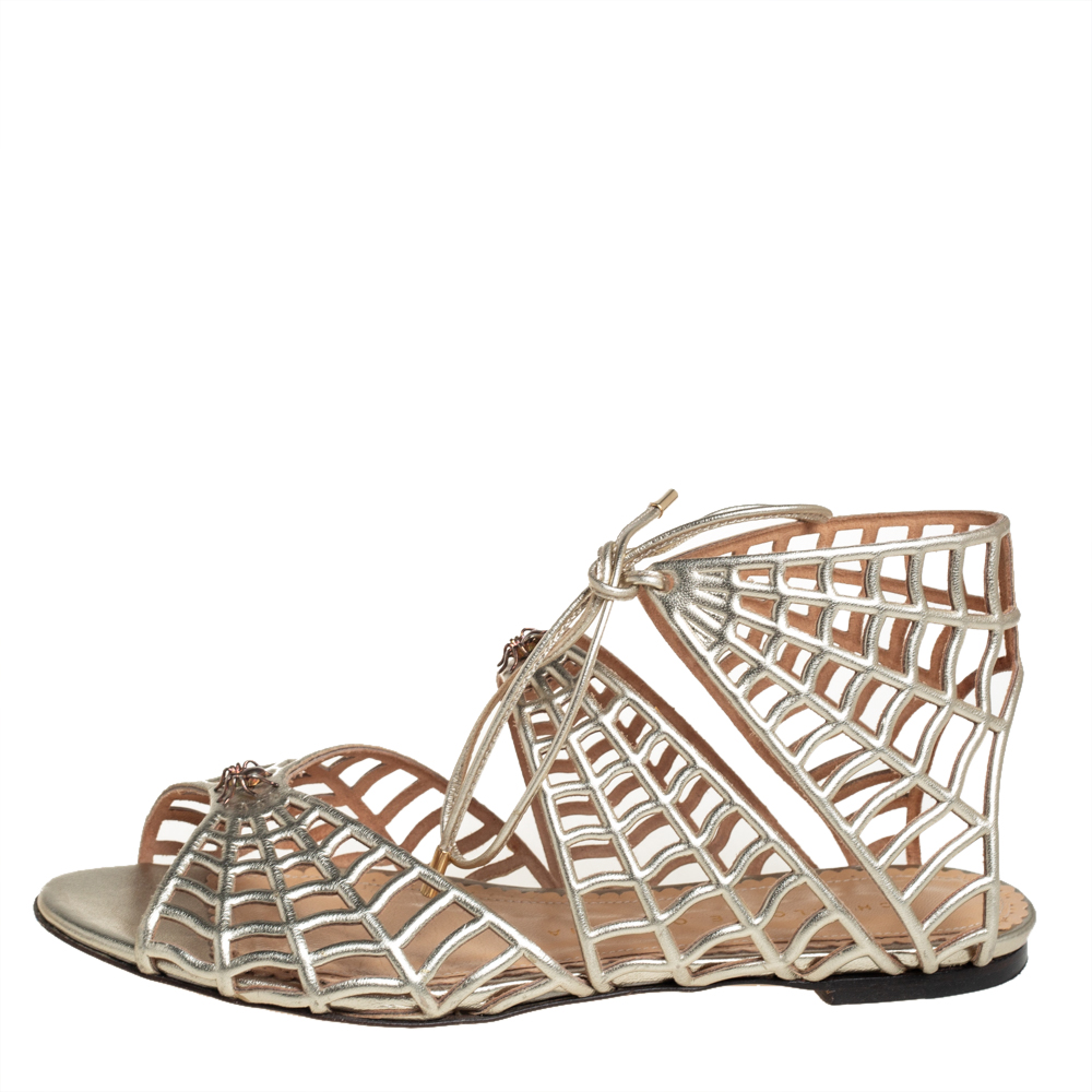 

Charlotte Olympia Metallic Gold Leather Miss Muffet Flat Sandals Size